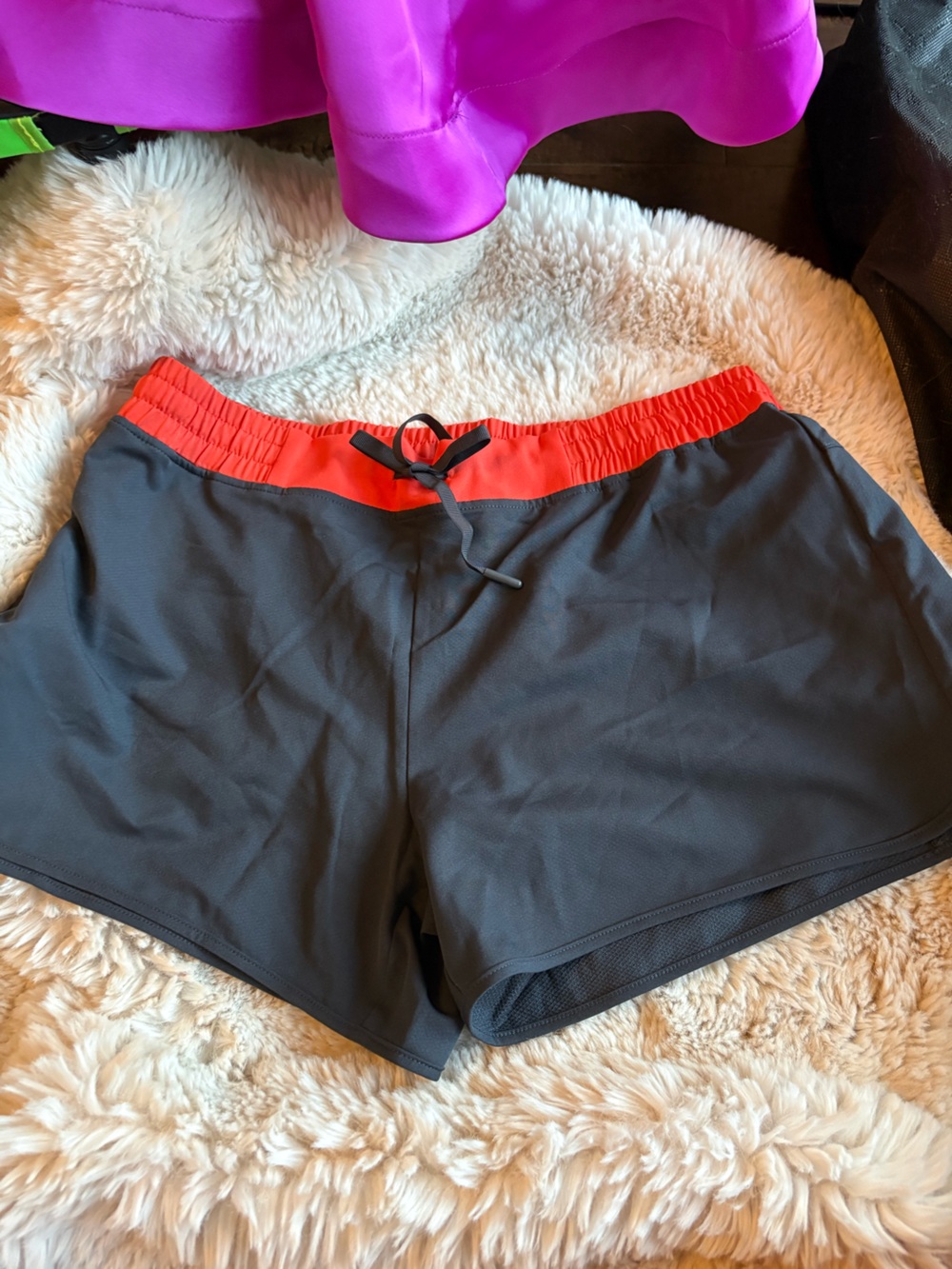 Athletic Women's Drawstring Shorts - Charcoal with Red Waistband